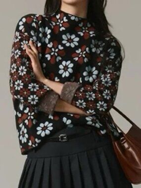Maeve Anthropologie Floral Knit Sweater Copper Black Retro Print Size M